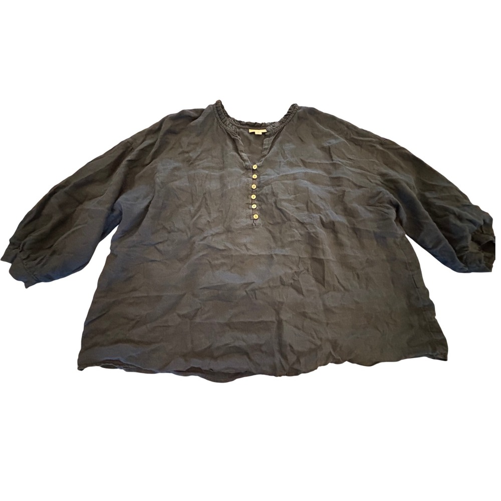 J. Jill Love Linen Navy Blue Button Front Blouse XL Petite Linen Puff Sleeve